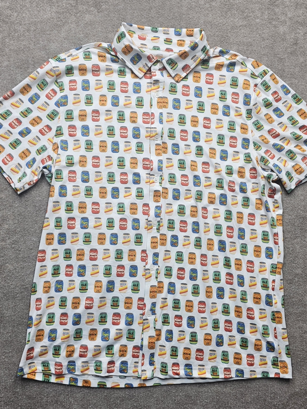 Hallstatt Beer Can Print Button Up Shirt M Graphic Short Sleeve Fun